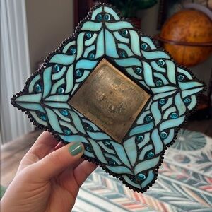 Vintage Stained Glass Candle Holder Blue Turquoise Swirl Slag Glass Tray Stand